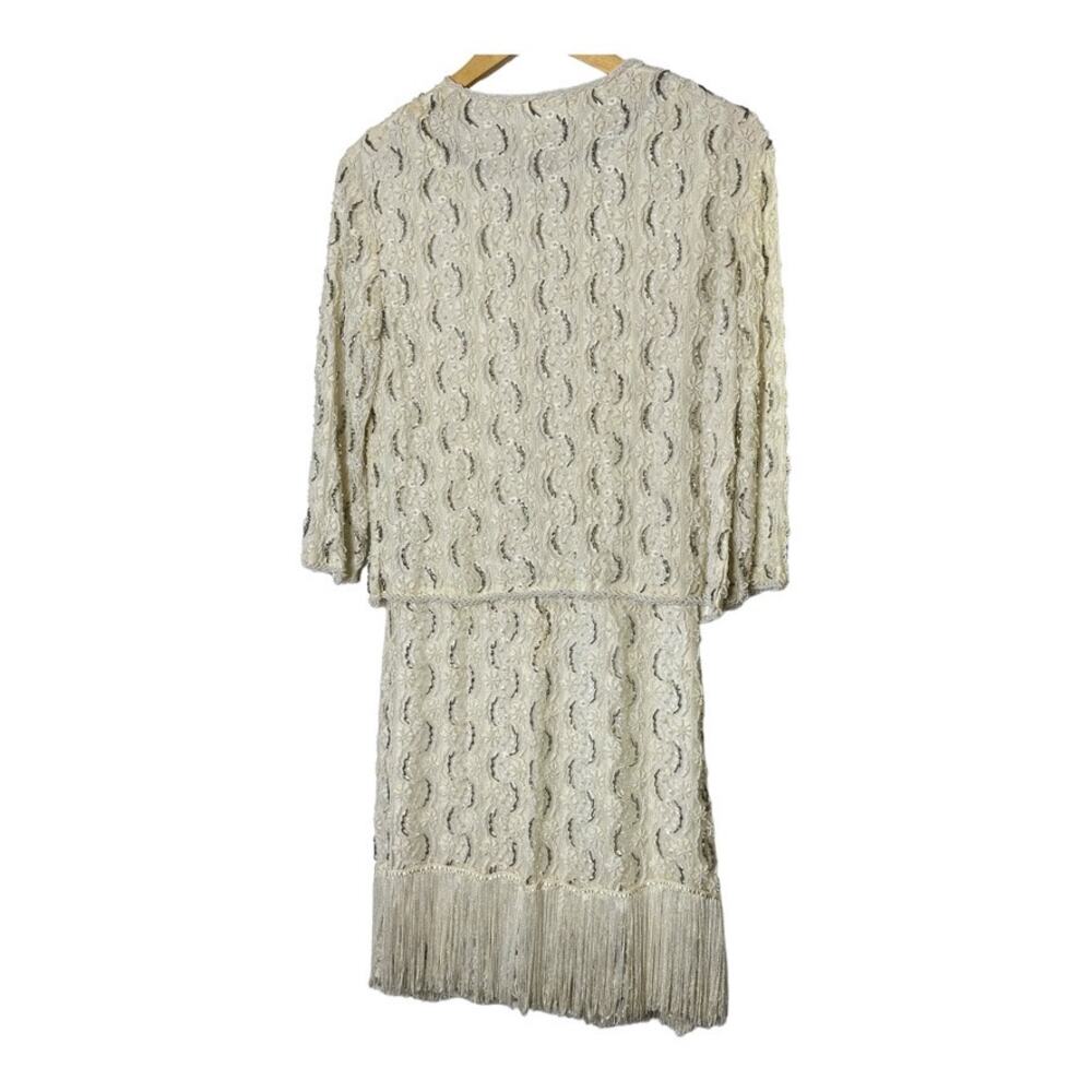 Vintage Ivory Delicate Beaded Dress & Jacket Set Women's Size 10 Fringe - Picture 2 of 14